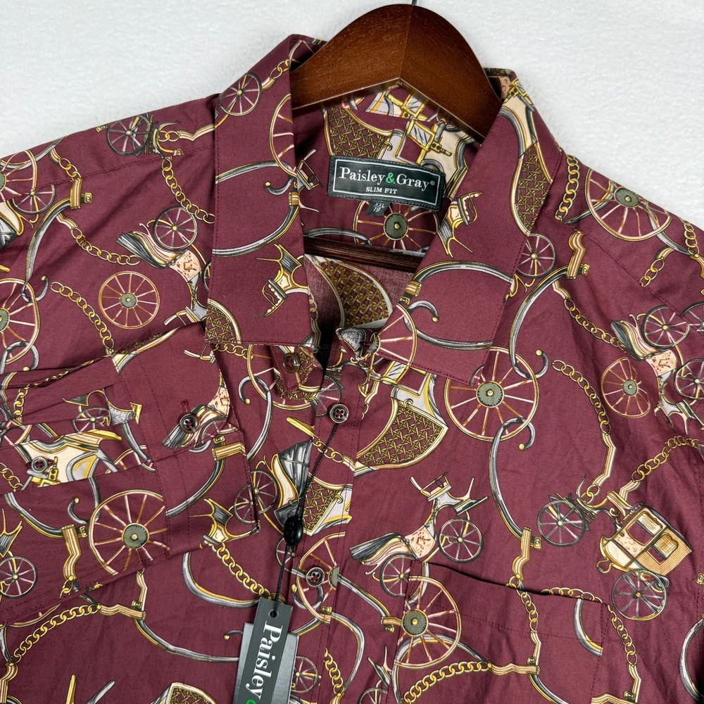 NWT Paisley & Gray Button Down Shirt Mens XXL Burgundy Coachman Slim Fit 6076W